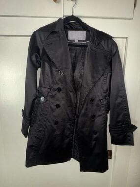 Jessica Simpson Black Double-Breasted Satin Trench Coat